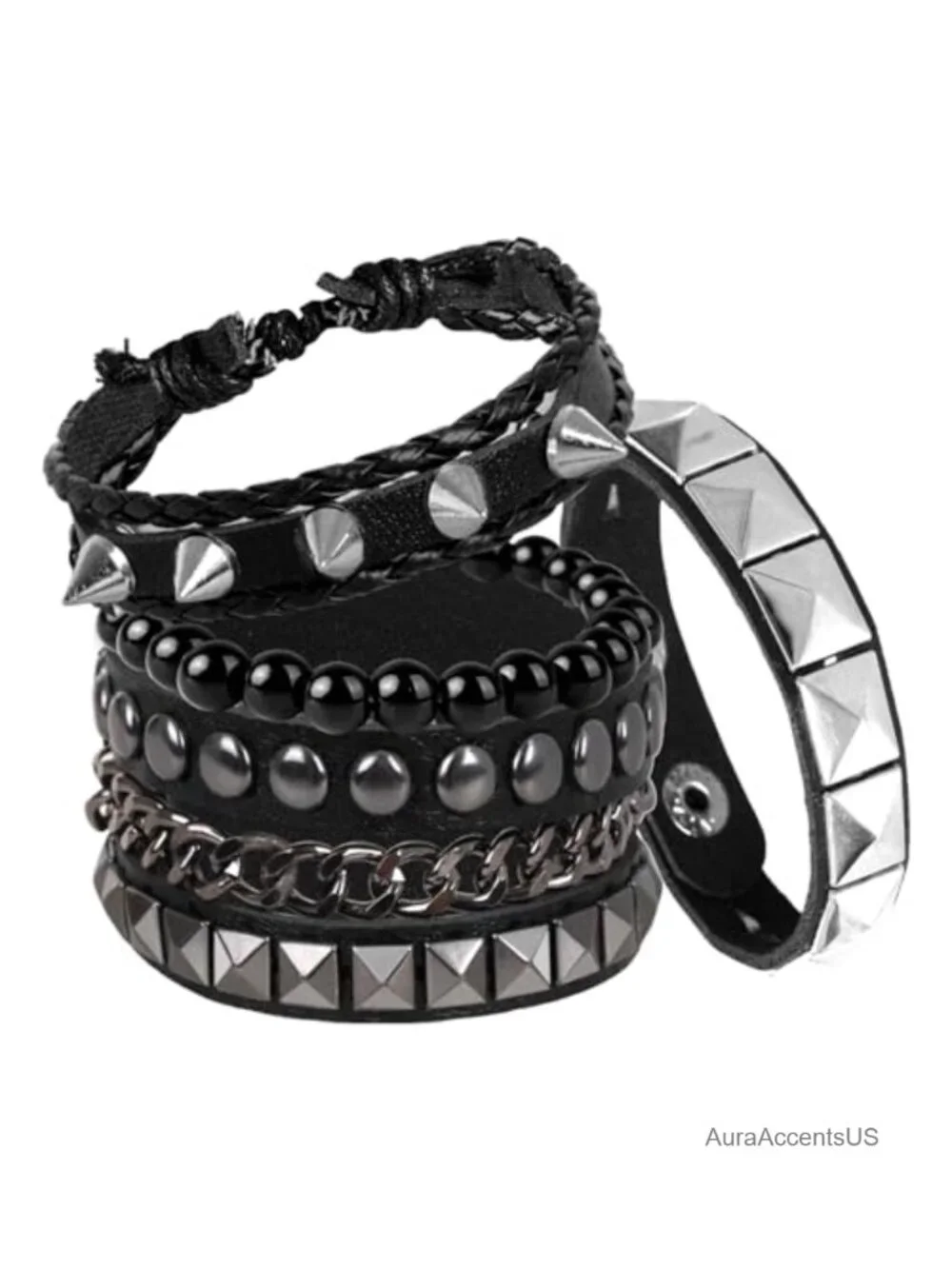 4pc Punk Studded Leather Bracelets Set Gothic Hematite Cuff